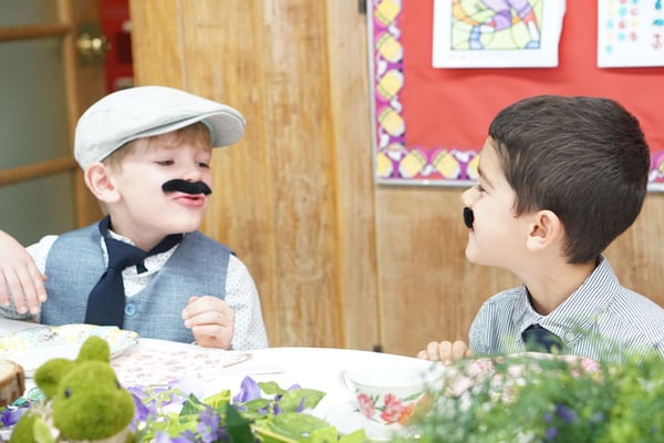 boys with mustaches kindergarten tea party