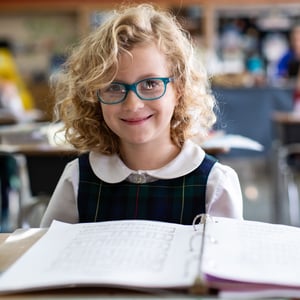 elementary girl smiling at desk loves learning